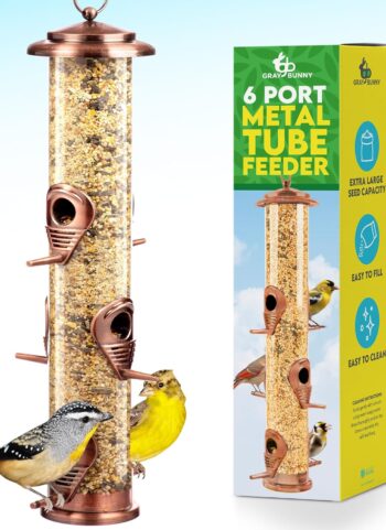 Bird Feeder for Outdoors (Brushed Metal Copper) Hanging Bird Feeders with Locking Lid & Adjustable Hanger, Chew-Proof, Weather Resistant (15 Inches, 6 Port)