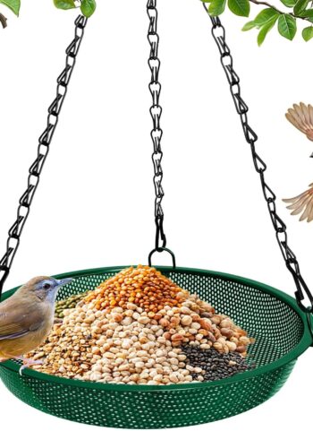 Hanging Bird Feeder for Outdoors – 9 in Metal Mesh Bird Feeder Tray Platform for Finches, Chickadees & Small Birds, Green