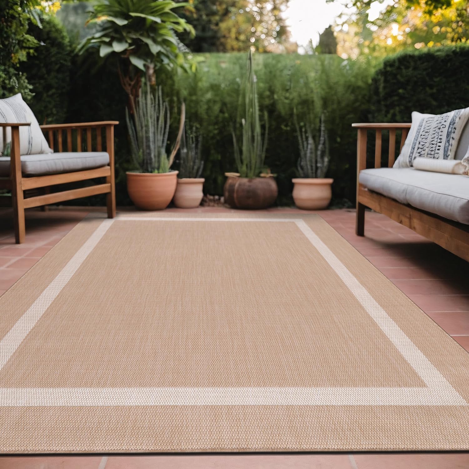 Luul Home Bordered Outdoor Rug 9x12 Washable Outside Carpet for Indoor Patio Porch Waterproof Easy Cleaning Non Shedding Area Rugs Beige 9 x 12