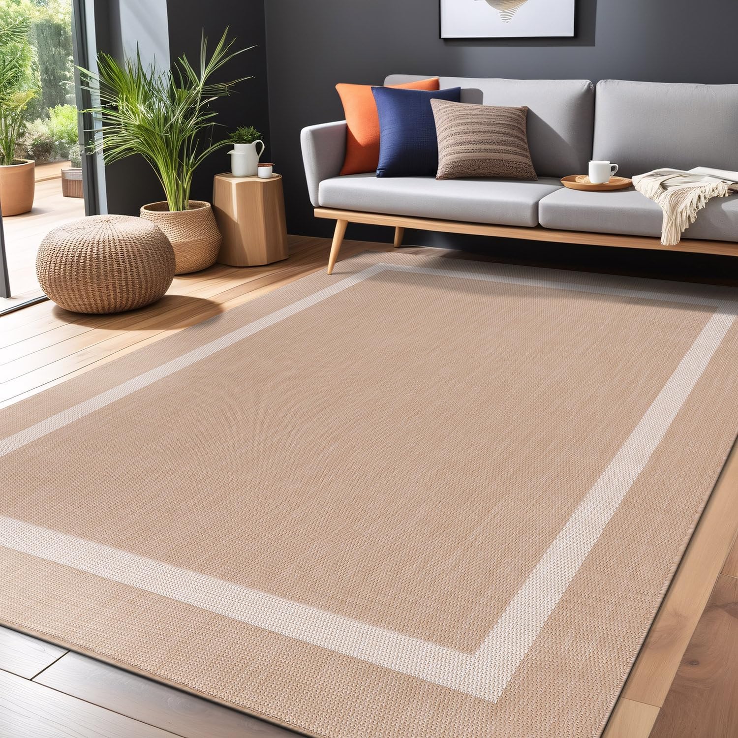 Luul Home Bordered Outdoor Rug 9x12 Washable Outside Carpet for Indoor Patio Porch Waterproof Easy Cleaning Non Shedding Area Rugs Beige 9 x 12 - Image 4