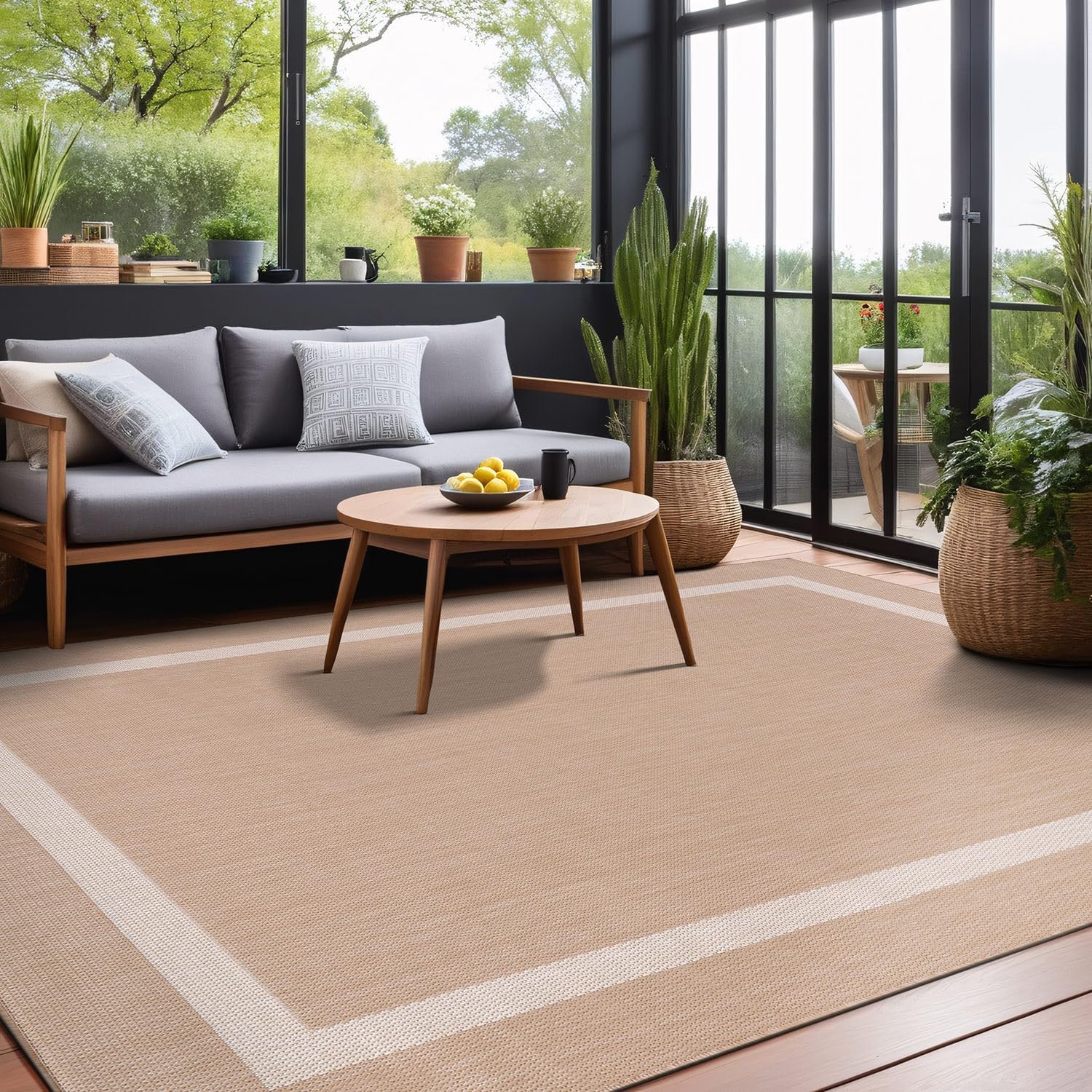 Luul Home Bordered Outdoor Rug 9x12 Washable Outside Carpet for Indoor Patio Porch Waterproof Easy Cleaning Non Shedding Area Rugs Beige 9 x 12 - Image 9