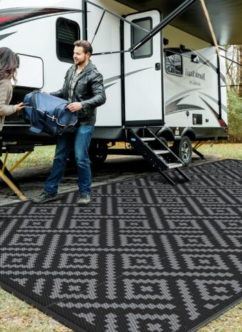 GENIMO Outdoor Rug Waterproof, 10' x 20' Reversible Plastic Straw Rug, Lightweight Large RV Camping Mat for Patio, Deck, Camper, Balcony, Backyard, Picnic, Black & Gray