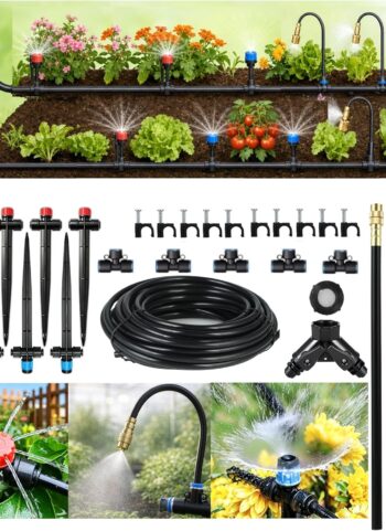 50FT Drip Irrigation System for Starter: Small Garden Quick Connect 1/4" PE Water Tubing Automatic 11Pcs Sprinkler Kit Adjustable Misting Part Watering Hose Outdoor Raised Bed Plants Flower Greenhouse
