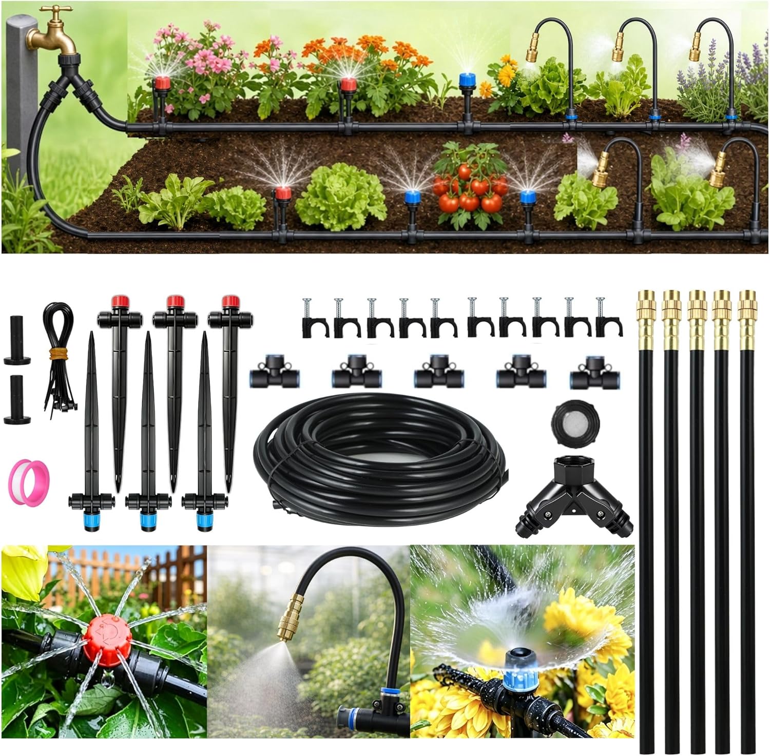 50FT Drip Irrigation System for Starter: Small Garden Quick Connect 1/4" PE Water Tubing Automatic 11Pcs Sprinkler Kit Adjustable Misting Part Watering Hose Outdoor Raised Bed Plants Flower Greenhouse