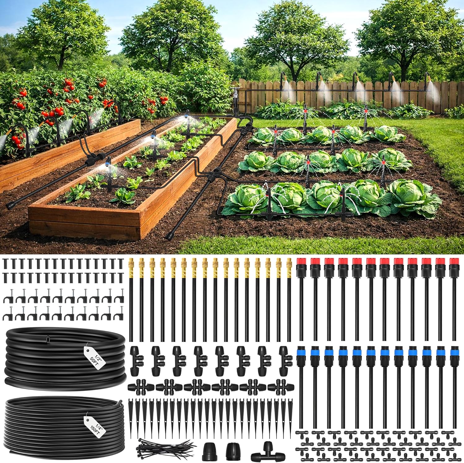 MIXC 2026-Upgrade 360° Adjustable Drip Irrigation System Kit, 200FT Bendable Watering Misting System with 3 Spray Nozzle Types, 1/2"(50FT) & 1/4"(150FT) Tubing for Garden Raised Bed Lawn & Greenhouse