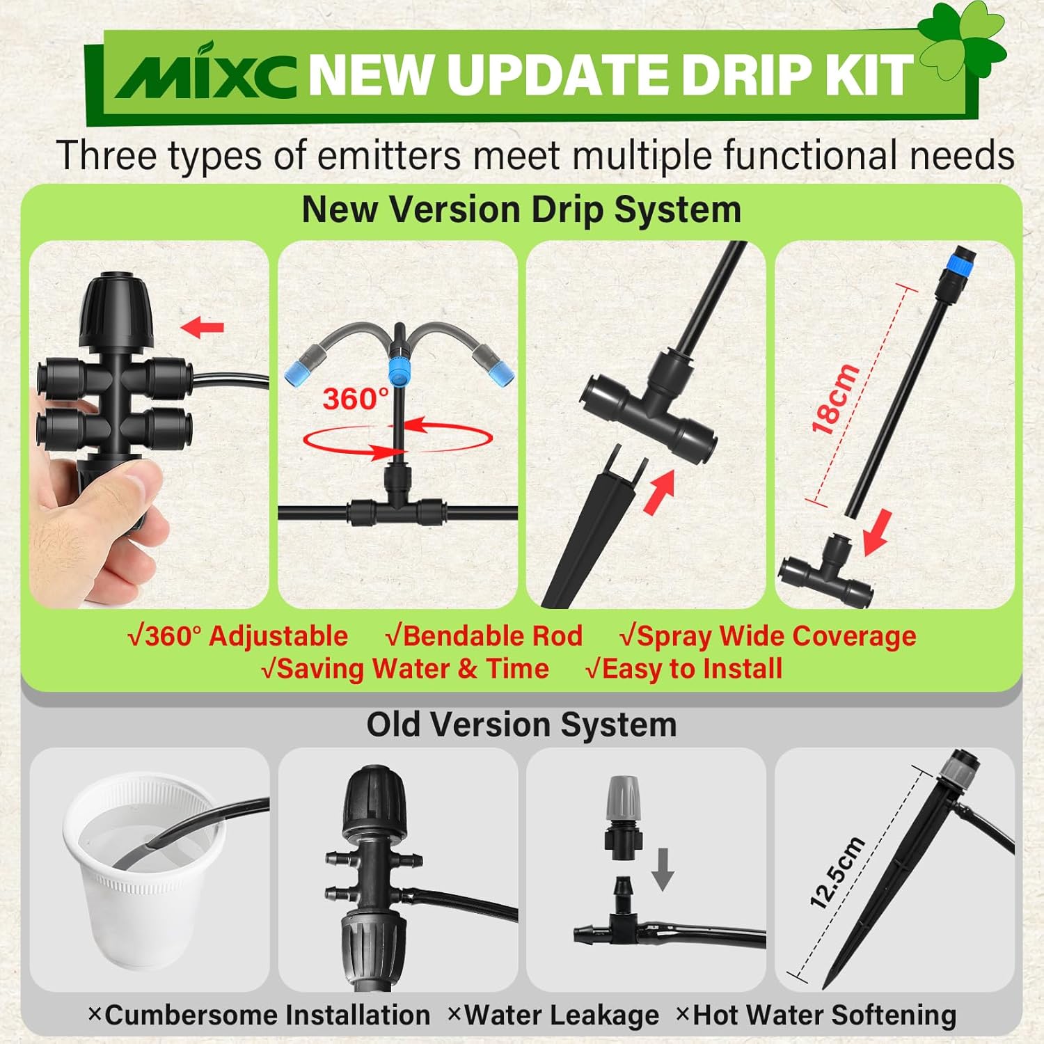MIXC 2026-Upgrade 360° Adjustable Drip Irrigation System Kit, 200FT Bendable Watering Misting System with 3 Spray Nozzle Types, 1/2"(50FT) & 1/4"(150FT) Tubing for Garden Raised Bed Lawn & Greenhouse - Image 5