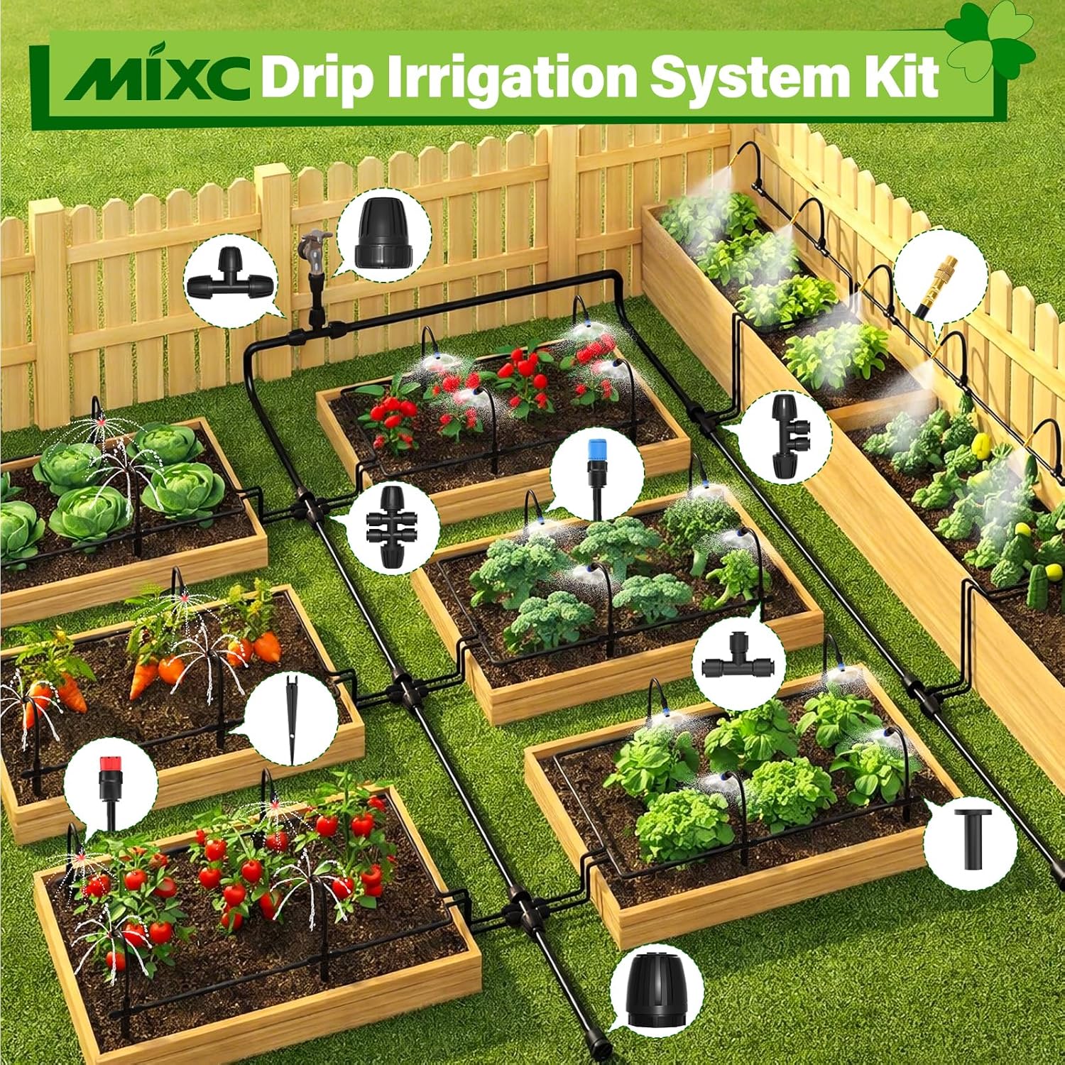 MIXC 2026-Upgrade 360° Adjustable Drip Irrigation System Kit, 200FT Bendable Watering Misting System with 3 Spray Nozzle Types, 1/2"(50FT) & 1/4"(150FT) Tubing for Garden Raised Bed Lawn & Greenhouse - Image 7