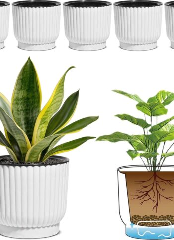 T4U 6 Inch Self Watering Pots for Indoor Plants, 6 Pack Plant Pots, Self Watering Planter for Indoor Plants, Durable Plastic Pots, Flower, Succulents (6 Pack, 6", White)