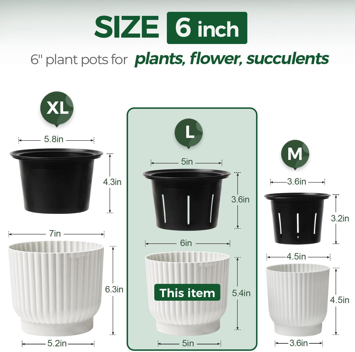 T4U 6 Inch Self Watering Pots for Indoor Plants, 6 Pack Plant Pots, Self Watering Planter for Indoor Plants, Durable Plastic Pots, Flower, Succulents (6 Pack, 6", White) - Image 2